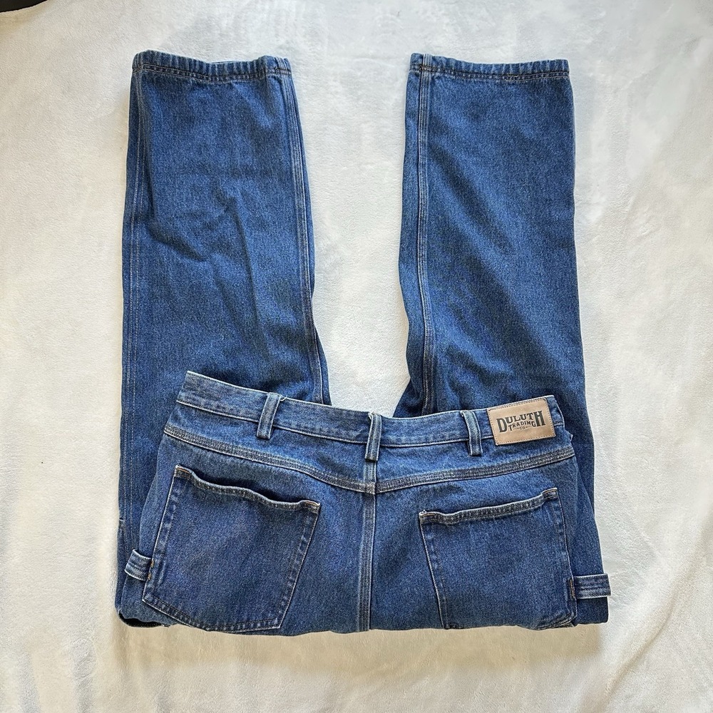 Duluth Trading Mens 38x30 Dark Wash Blue Denim Carpenter Jeans Tan Trim Accents